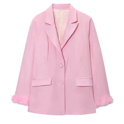 HXAO Woman Suits Blazer And Pants Feathe Long Sleeve Formal Pants Sets 2 Piece Set Office Casual Pink Suit Blazer Sets Two-Piece