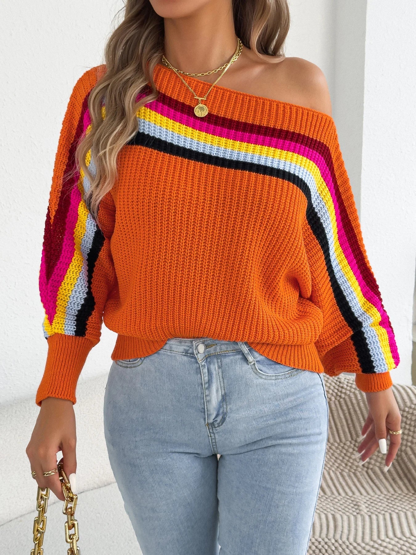 2025 Fashion Contrast Color Striped Sweaters Women Autumn Winter Casual Round Neck Lantern Long Sleeve Knitted Pullover
