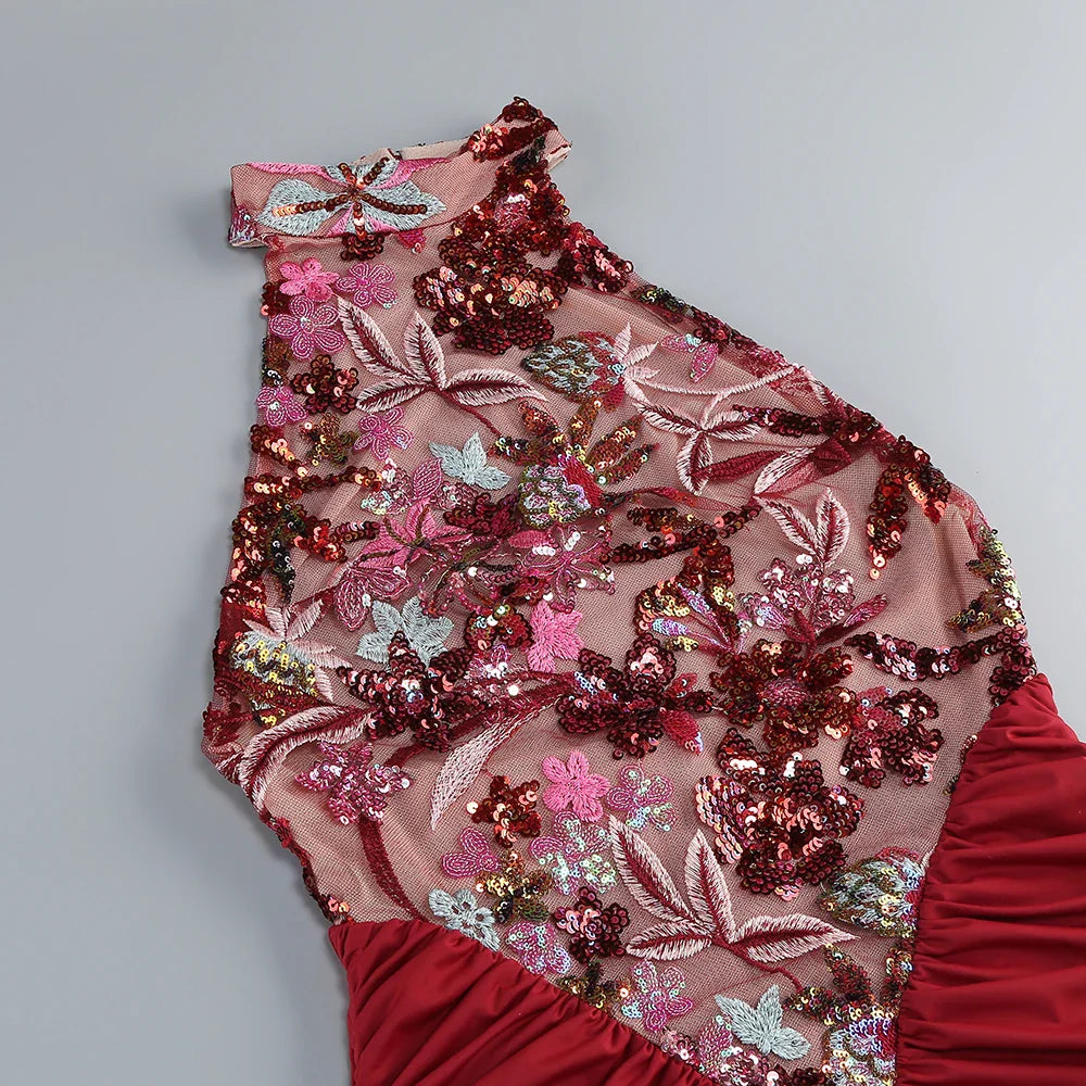 Sexy Red Floral High-Neck Bodycon Dress with Pleated Detailing – Halter Sleeveless Evening Gown | Stylish Party Wear