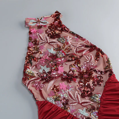 Sexy Red Floral High-Neck Bodycon Dress with Pleated Detailing – Halter Sleeveless Evening Gown | Stylish Party Wear