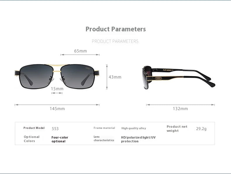 Audi UV400 Polarized Rectangle Sunglasses Glasses for Men Women Driving Motorcycle Outdoor Cycling Glasses with Antiglare Lens