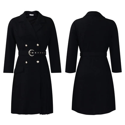 Elegant Dresses for Woman 2024 Autumn Winter New Trends Notched Collar Full Sleeve Sashes Pleated Mid Calf Solid Fashion Dress