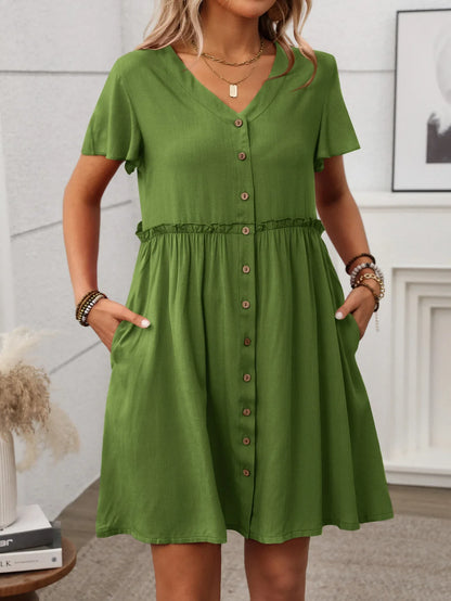 Spring Summer Button Down Dress Flutter Sleeve Cotton Linen A Line Dress With Pockets Beach Summer Knee Length Dresses For Women