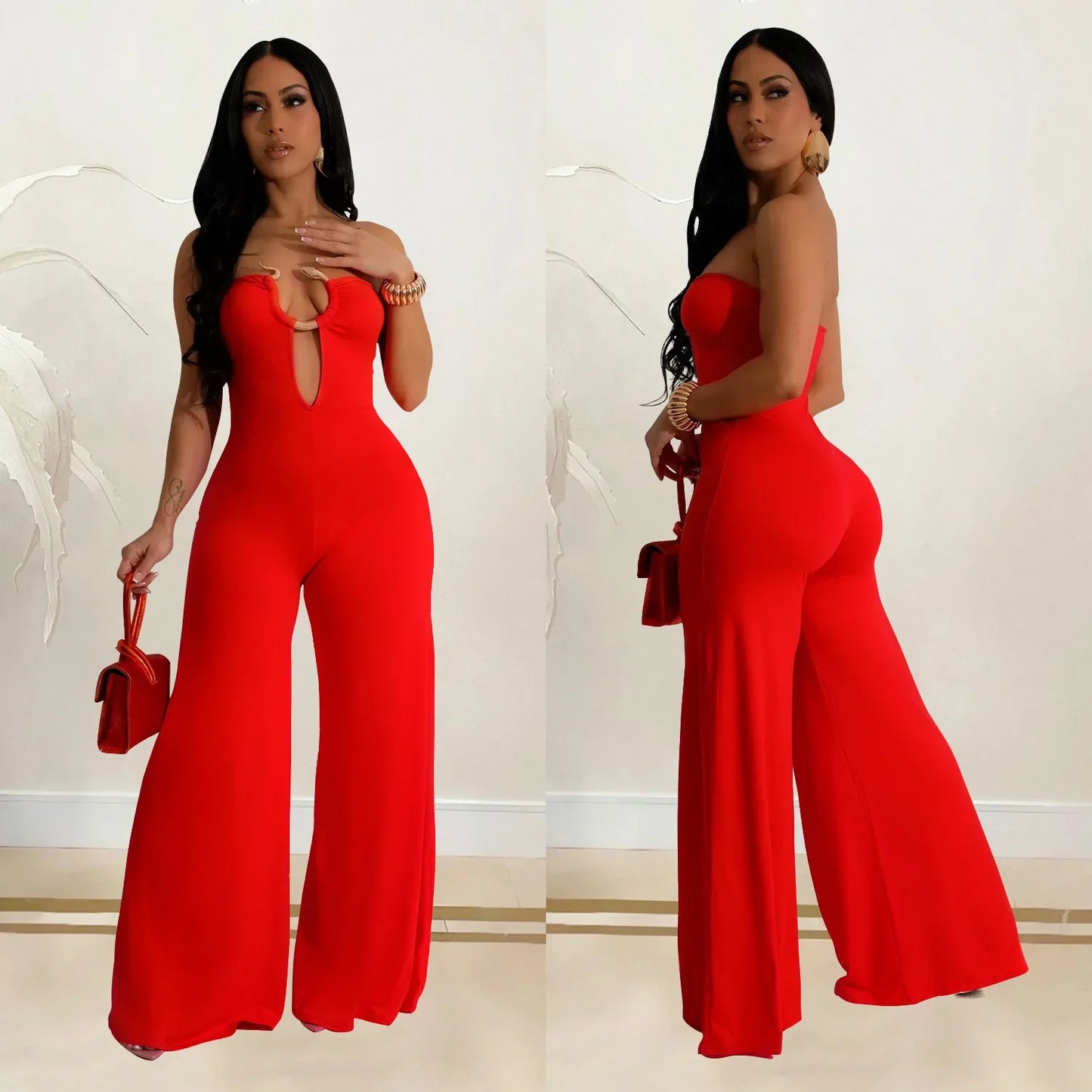 Summer Sexy Backless Women's Jumpsuit Fashionable Slim Fit Elegant Package hip Wide Leg Long Pants Female Party Jumpsuit 2025
