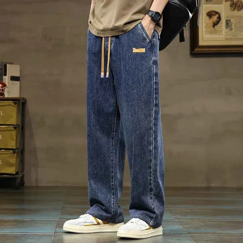 Men Straight Leg Blue Gray Loose Y2K Drawstring Jeans Streetwear Casual Wide Denim Pants Male Baggy Stylish Harajuku Trousers