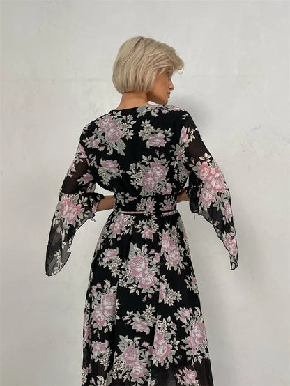Elegant Bodycon Chiffon Maxi Dress Women Bandage Sexy Side Slit Beach Dress White Pink Floral Summer Long Dresses For Women 2024