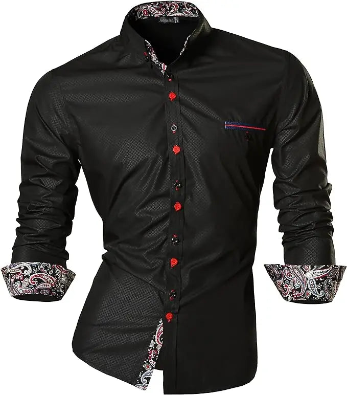 Jeansian Men's Casual Dress Shirts Fashion Desinger Stylish Long Sleeve K371 Black2