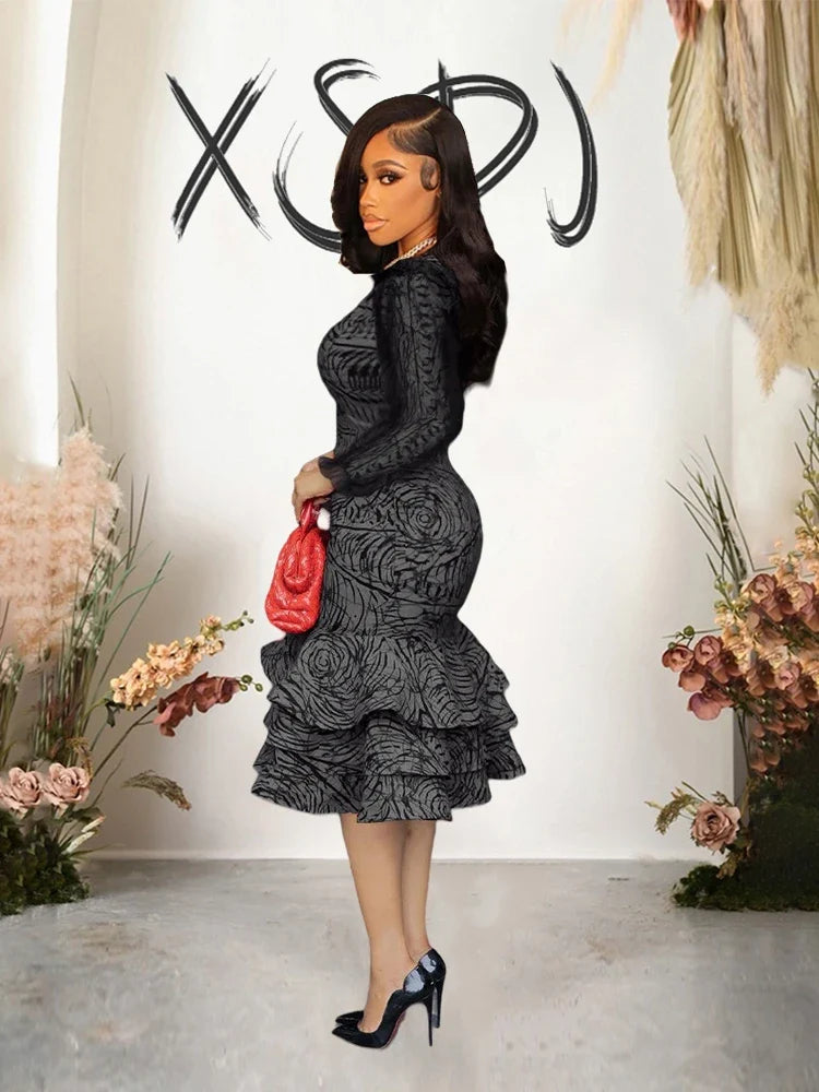 Long Sleeve Midi Dress Woman Ruffled Around Sexy Tight Dress with Lace Sleeves Elegant Party Girl Dress Dropshipping Wholesale