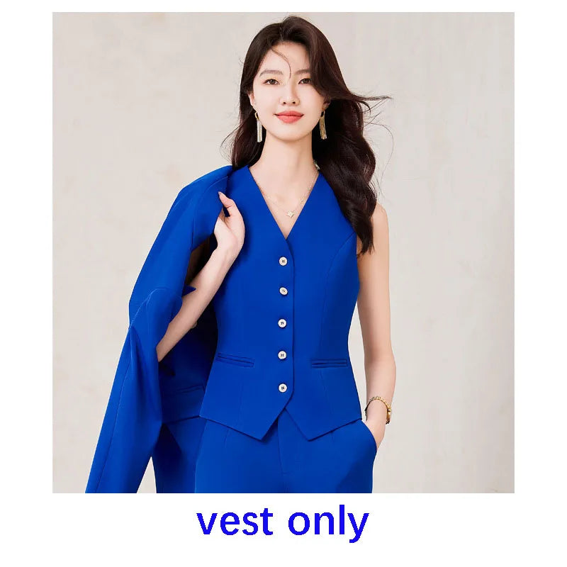 Elegant Women's Office Suit Jacket Pants Vest 3 Piece Blue Notch Lapel Jacket Autumn Women's Pants Sets ropa de mujer