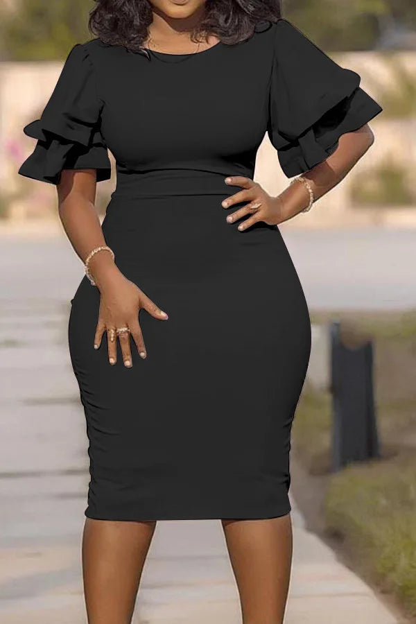 Solid Pink Bodycon Dress Women Plus Size 5XL Office Lady African Elegant O-Neck Ruffles Sleeve Pencil Dress Evening Party