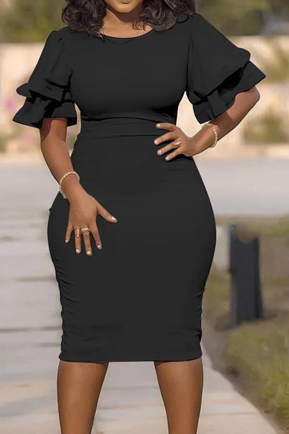 Solid Pink Bodycon Dress Women Plus Size 5XL Office Lady African Elegant O-Neck Ruffles Sleeve Pencil Dress Evening Party
