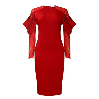 Sexy Bodycon Dresses for Women O Neck Lace Sleeve Sheath Package Hips Mid Calf Female Luxury Birthday Party Dinner Vestidos