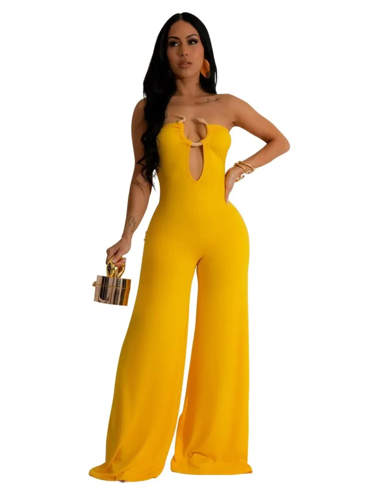 Summer Sexy Backless Women's Jumpsuit Fashionable Slim Fit Elegant Package hip Wide Leg Long Pants Female Party Jumpsuit 2025