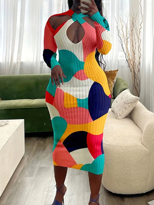 LW Plus Size Elegant Color Lump Patchwork Bodycon Dress Women Cold Shoulder V Neck Long Sleeve Autumn Winter Mid Calf Dresses