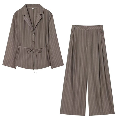 Office Lady Chic Brown Suits V Neck Striped Loose Blazer High Waist Wide Leg Pants Fashion Casual Women Suits Костюм Офисный