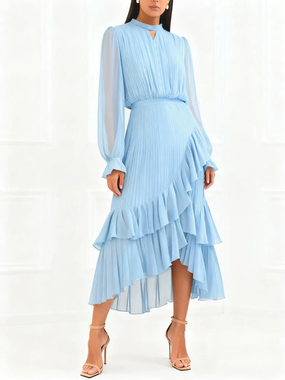 Elegant Ruffle Long Sleeve Dress for Women Chic Spring Summer Layered A Line Dress Lady Pleated Verstidos Prom Party Gowns