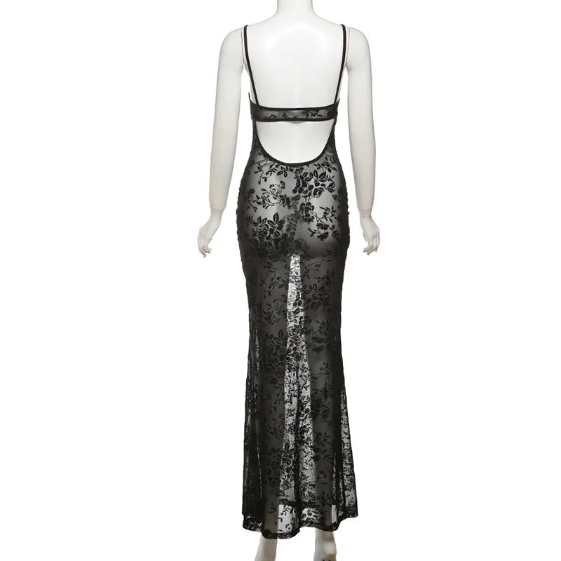 Elegant Sheer Floral Lace Maxi Dress for Women V Neck Spaghetti Strap Bodycon Floor Length Evening Party Prom Dresses