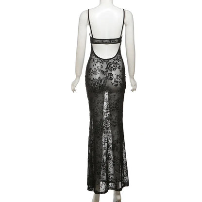 Elegant Sheer Floral Lace Maxi Dress for Women V Neck Spaghetti Strap Bodycon Floor Length Evening Party Prom Dresses