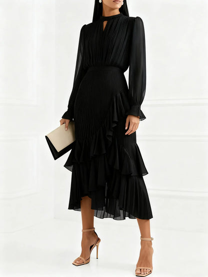 Elegant Ruffle Long Sleeve Dress for Women Chic Spring Summer Layered A Line Dress Lady Pleated Verstidos Prom Party Gowns
