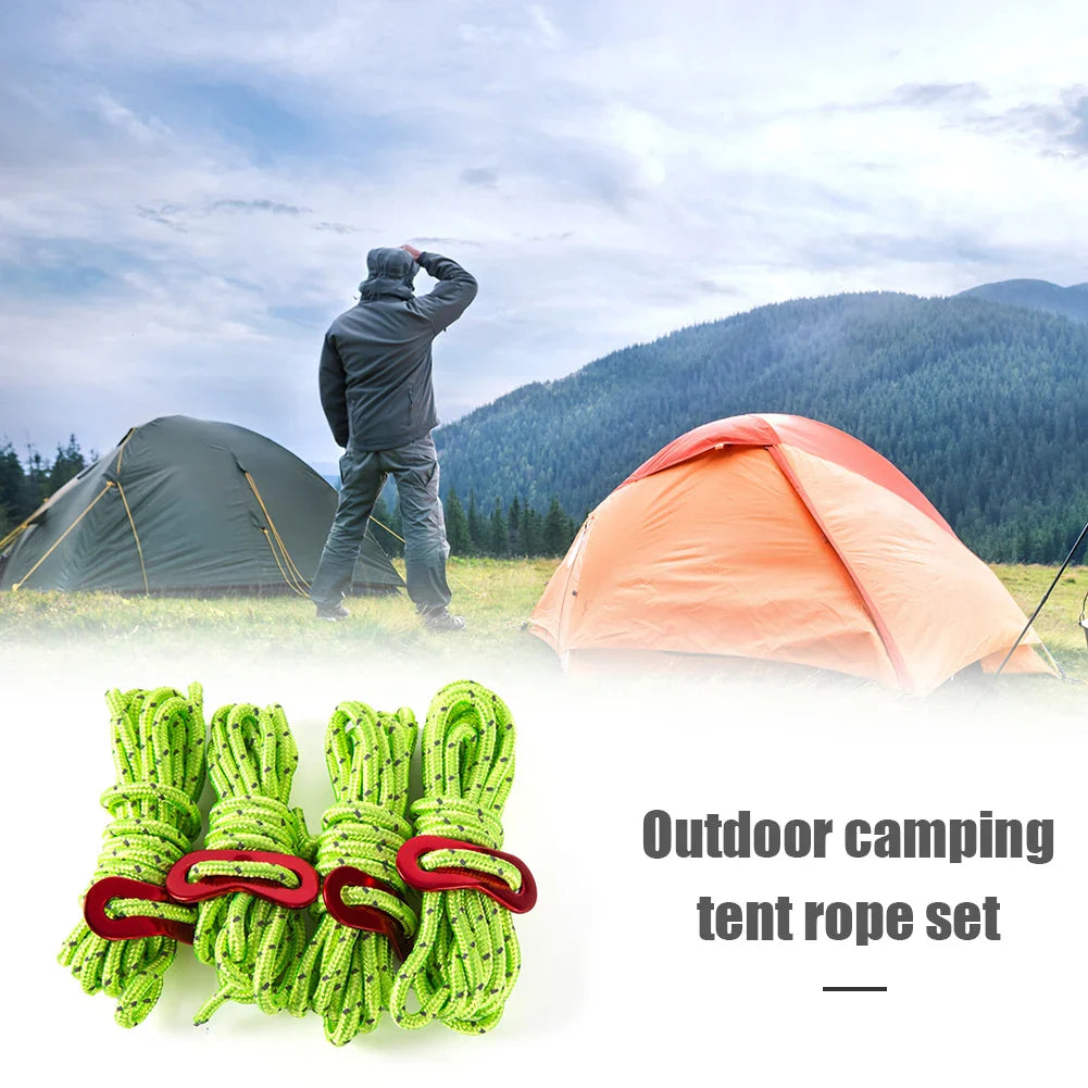 Reflective Tent Guy Ropes – 4pcs, 4mm × 2m, High-Strength with 2-Hole Tensioner Buckle