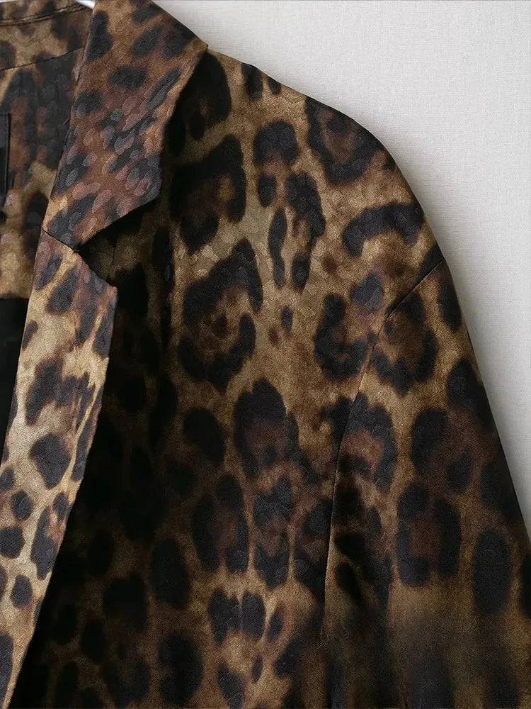 KONDALA Vintage Leopard Print Women Suits V Neck Sashes Long Sleeve Oversized Blazer+Wide Leg Pants Fashion 2025 Autumn Suits