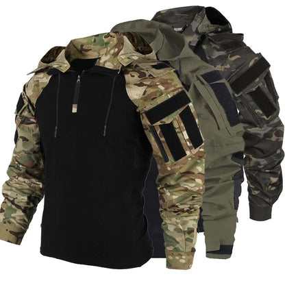 Men's Tactical Camo Hooded Combat Shirt – Long Sleeve, Quick-Dry, Sizes S–XXXL