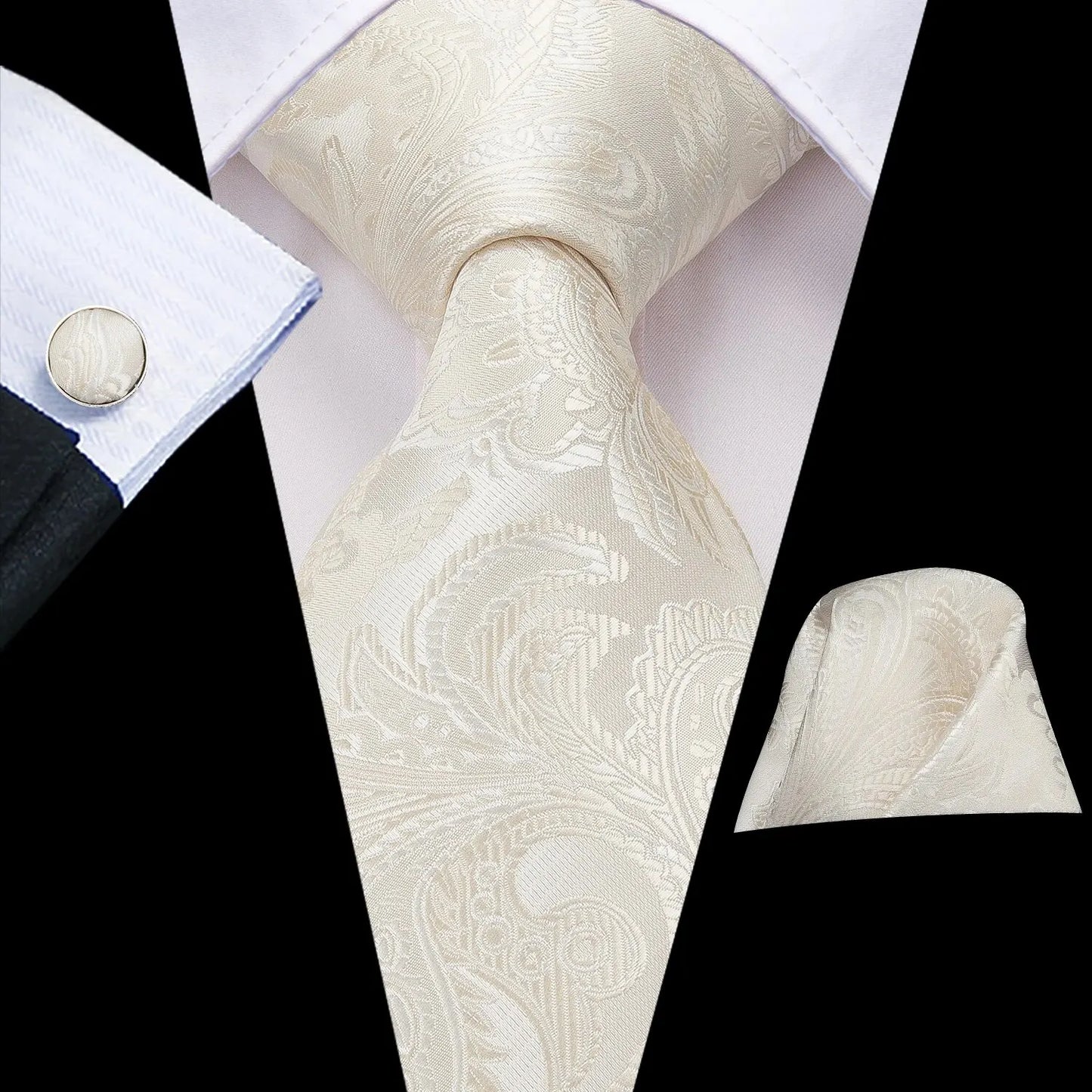 Hi-Tie Champagne Gold-color Silk Mens Elegant Ties Fashion Mens Necktie Pocket Square Cufflinks Set Business Party Wedding