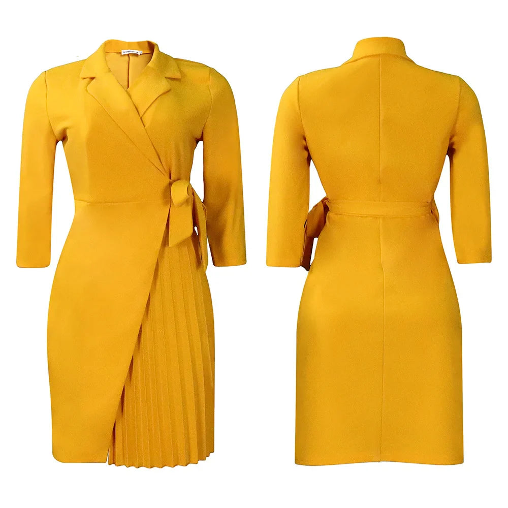 FairyShely 2025 Summer Solid Plus Size Folds Dress Women Long Sleeve Large Big Dresses Lady Belt Party Tight Curvy Short Dress