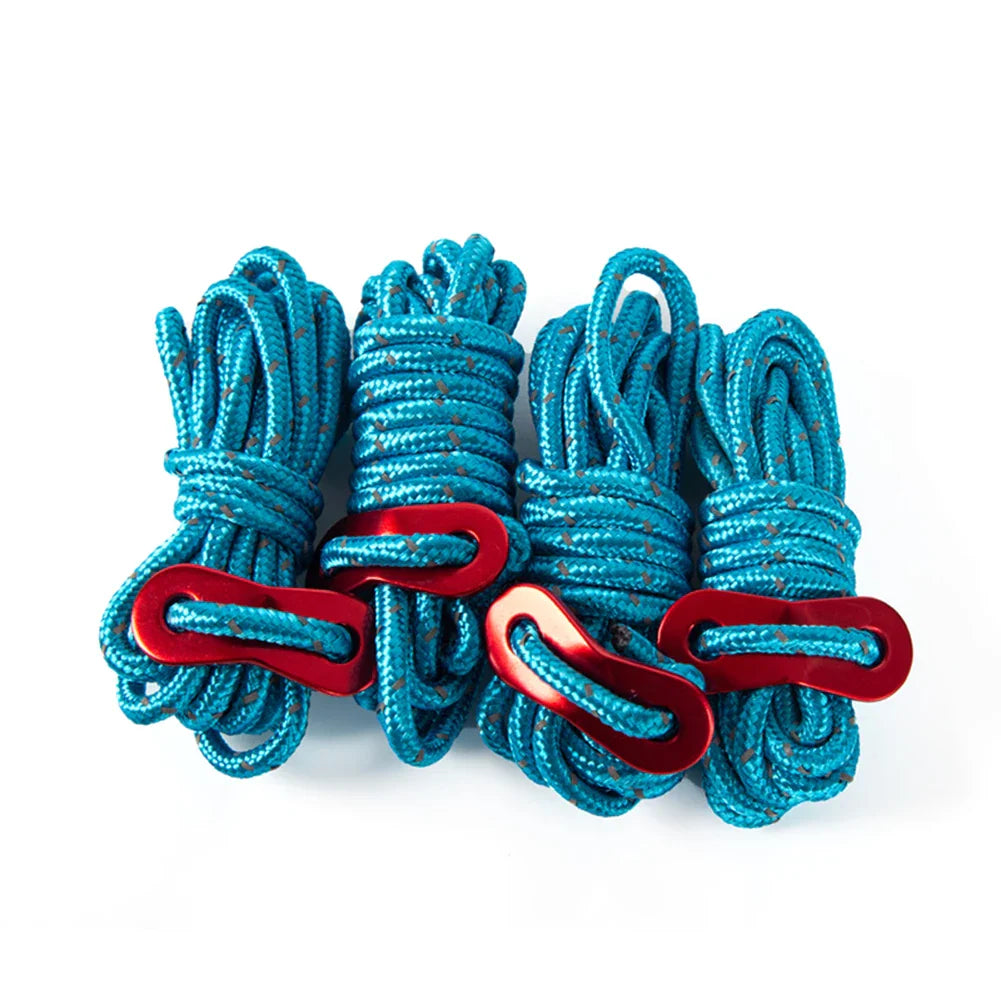 Reflective Tent Guy Ropes – 4pcs, 4mm × 2m, High-Strength with 2-Hole Tensioner Buckle