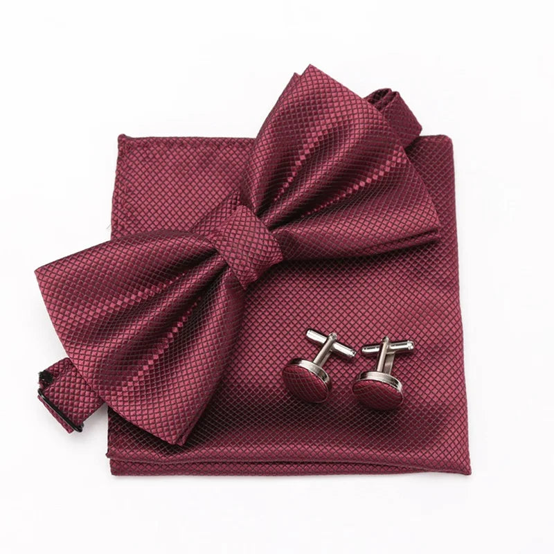 Multicolor Bowtie Pocket Square Cufflinks Sets Classic Solid Color  Bowtie Wedding Party Formal Gift Plaids Adjust Neck Bow Tie