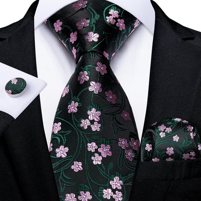 Men's Black Ties Handkerchief Cufflinks Business Formal Floral Striped Solid 8cm Necktie Gift for Husband Wedding Accessories