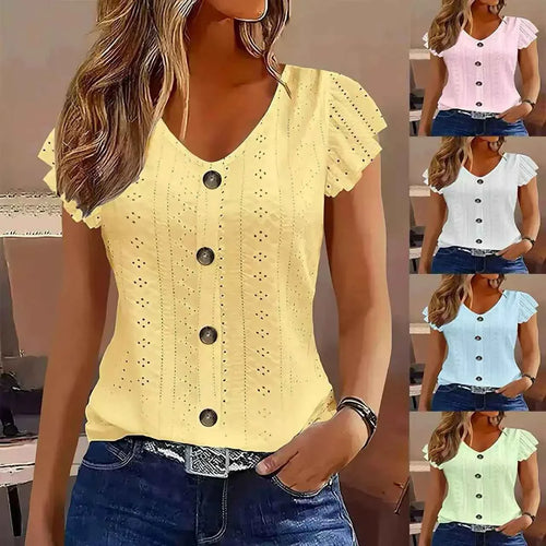 Women's Ruffle Sleeve V-Neck T-Shirt – Casual Commute Blouse