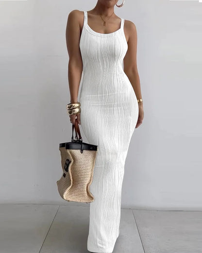 CM.YAYA Summer Women Sleeveless Strap O-neck Sexy 2024 Summer Long Evening Dress Knit Ribbon Night Club Party Maxi Dresses