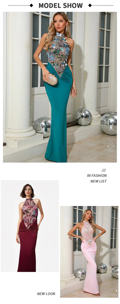 Sexy Red Floral High-Neck Bodycon Dress with Pleated Detailing – Halter Sleeveless Evening Gown | Stylish Party Wear