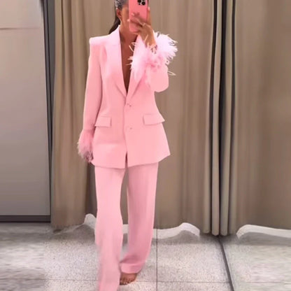 HXAO Woman Suits Blazer And Pants Feathe Long Sleeve Formal Pants Sets 2 Piece Set Office Casual Pink Suit Blazer Sets Two-Piece