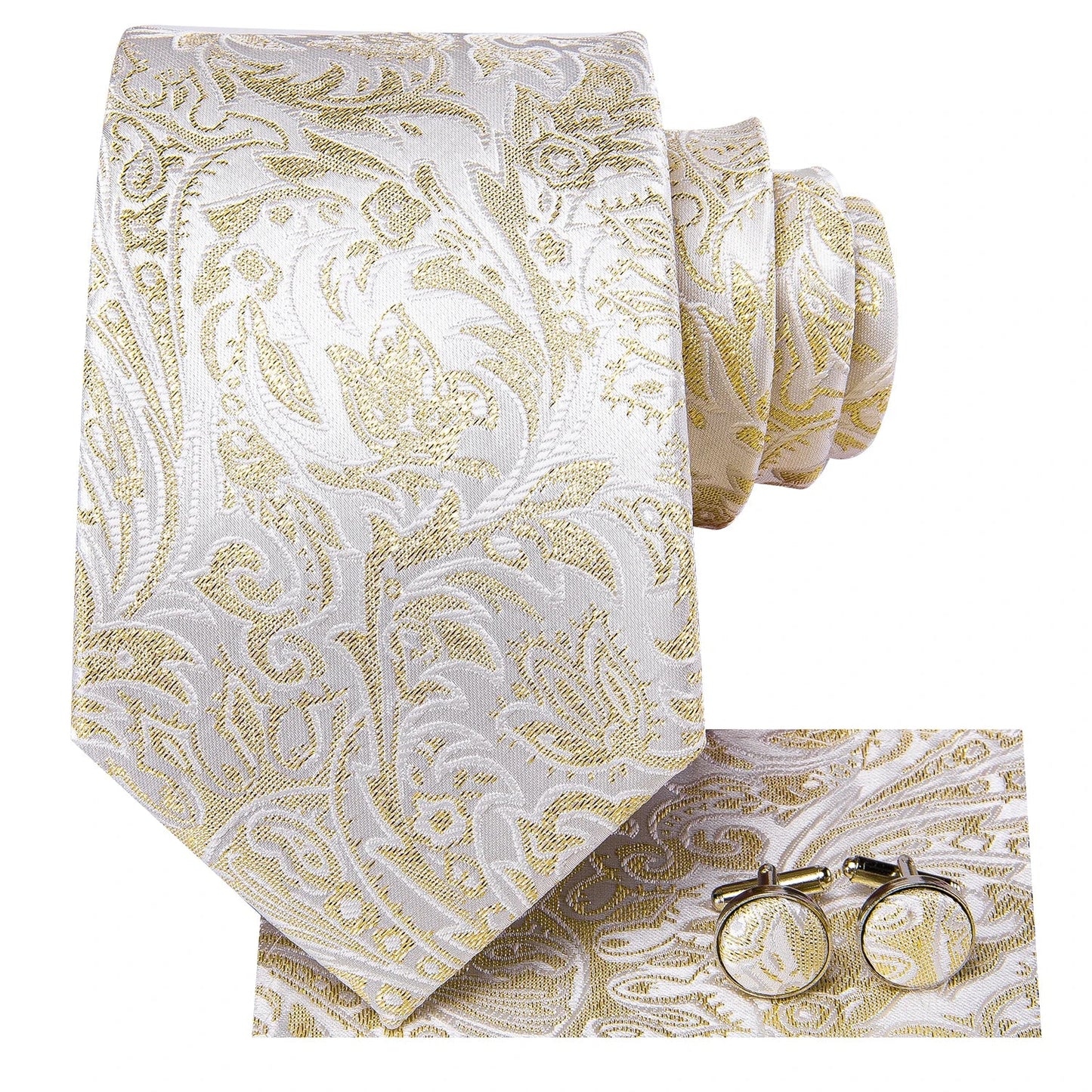 Hi-Tie Champagne Gold-color Silk Mens Elegant Ties Fashion Mens Necktie Pocket Square Cufflinks Set Business Party Wedding