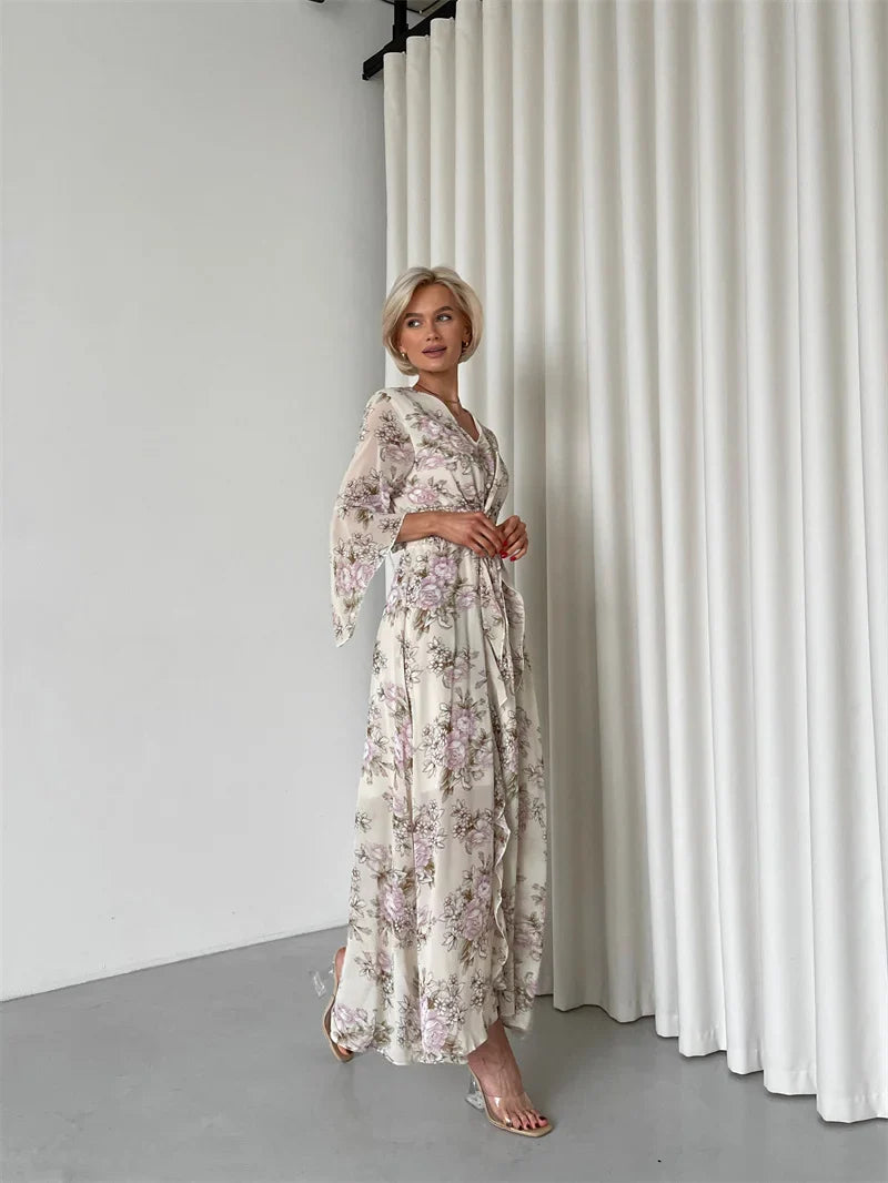Elegant Bodycon Chiffon Maxi Dress Women Bandage Sexy Side Slit Beach Dress White Pink Floral Summer Long Dresses For Women 2024