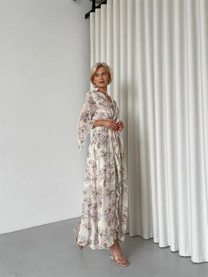 Elegant Bodycon Chiffon Maxi Dress Women Bandage Sexy Side Slit Beach Dress White Pink Floral Summer Long Dresses For Women 2024