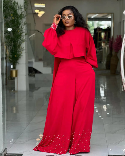 CM.YAYA Women's Set Long Sleeve High Low Maxi Blouse and Pearl Beading Wide Leg Pants 2025 Two 2 Piece Sets Outfits Tracksuit