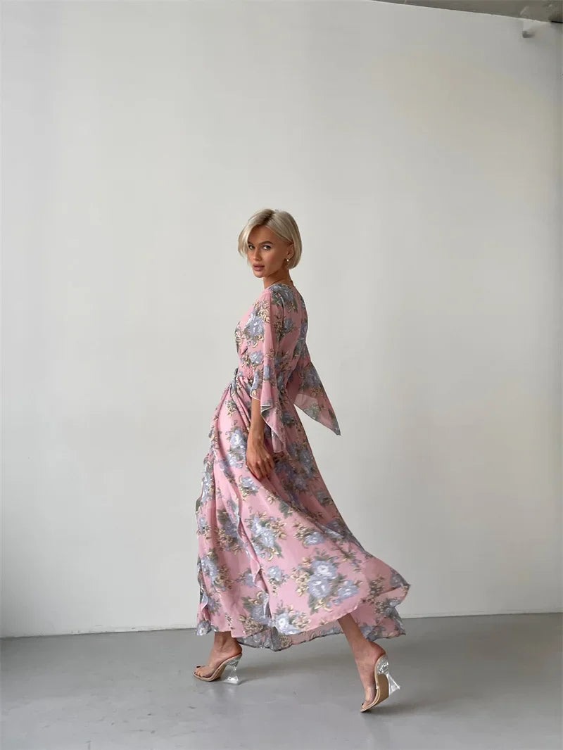 Elegant Bodycon Chiffon Maxi Dress Women Bandage Sexy Side Slit Beach Dress White Pink Floral Summer Long Dresses For Women 2024