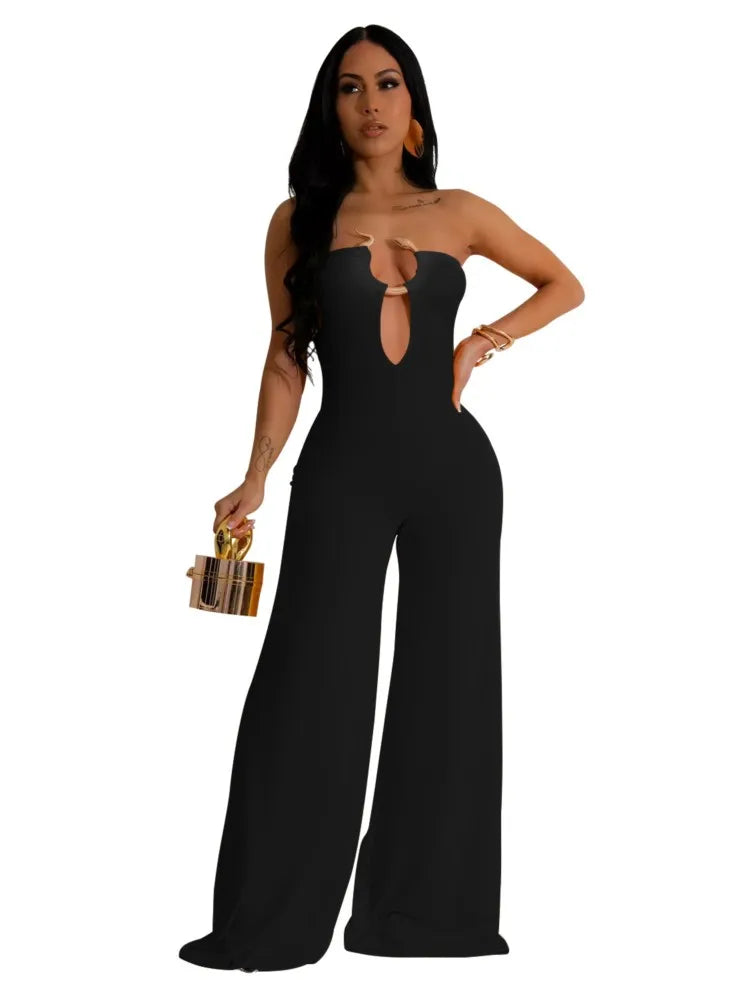 Summer Sexy Backless Women's Jumpsuit Fashionable Slim Fit Elegant Package hip Wide Leg Long Pants Female Party Jumpsuit 2025