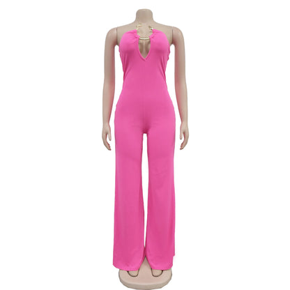 Summer Sexy Backless Women's Jumpsuit Fashionable Slim Fit Elegant Package hip Wide Leg Long Pants Female Party Jumpsuit 2025