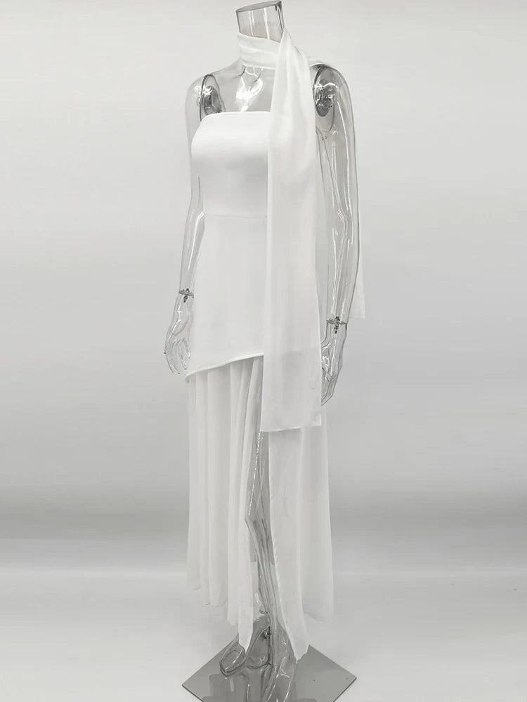 TARUXY Fashion Strapless Dress With Ribbon Female Elegant Sleeveless Mesh Beach Vacation Long Dress 2025 Spring New Women Dress