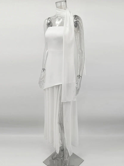 TARUXY Fashion Strapless Dress With Ribbon Female Elegant Sleeveless Mesh Beach Vacation Long Dress 2025 Spring New Women Dress