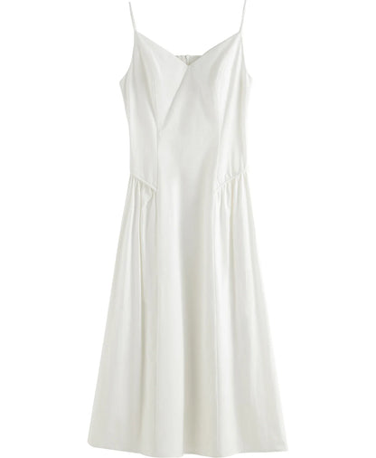 FSLE【4 Colors】Women Spring Strappy Dress 100% Cotton Temperament Simple A-LINE Dresses 2025 Spring White Dress 25FS11073