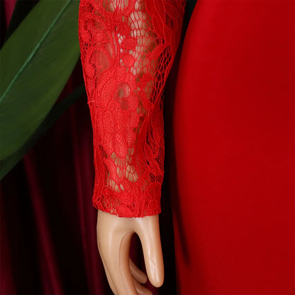 Sexy Bodycon Dresses for Women O Neck Lace Sleeve Sheath Package Hips Mid Calf Female Luxury Birthday Party Dinner Vestidos