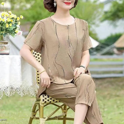2023 Summer Women's Trousers Suit Pastoral Fashion Loose Short Sleeve Two Piece Suit Striped Cotton Linen Wild T-shirt Pant Sets