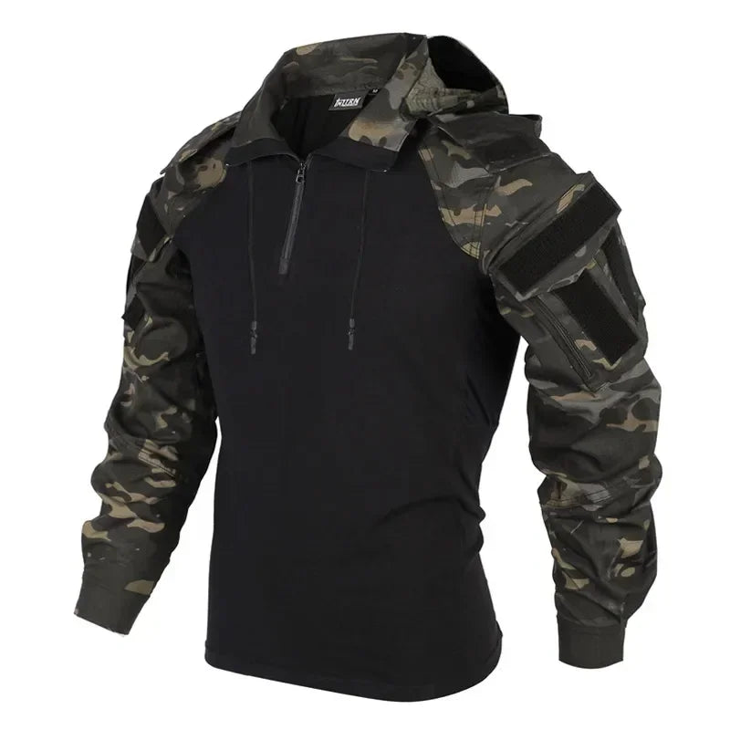 Men's Tactical Camo Hooded Combat Shirt – Long Sleeve, Quick-Dry, Sizes S–XXXL