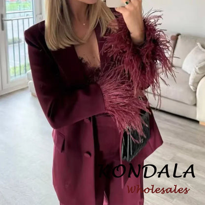 KONDALA 2025 Office Lady Fashion Slim Suits Single Breasted Feather Trim Blazer+Zipper Pockets Long Pants Fashion Female Suit