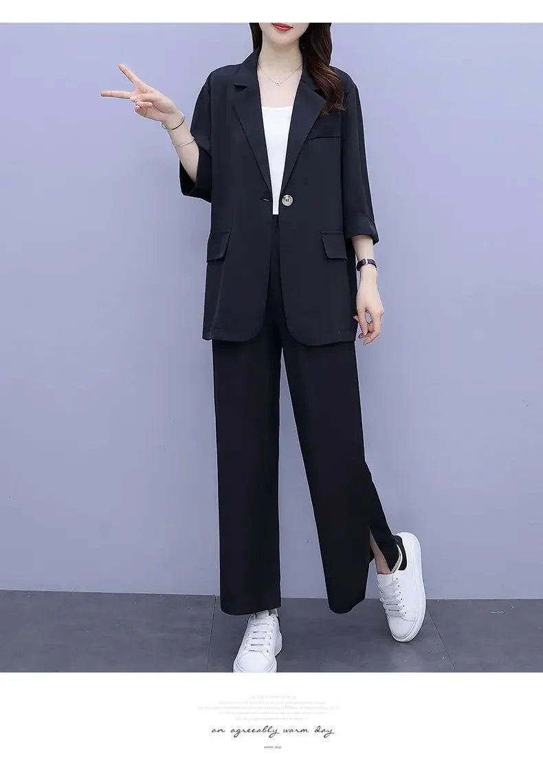 2026 Women Spring New Casual Blazers Jacket Trousers Matching Set Korean Elegant Loose Suit Coat Pants Two Piece Female Clothing
